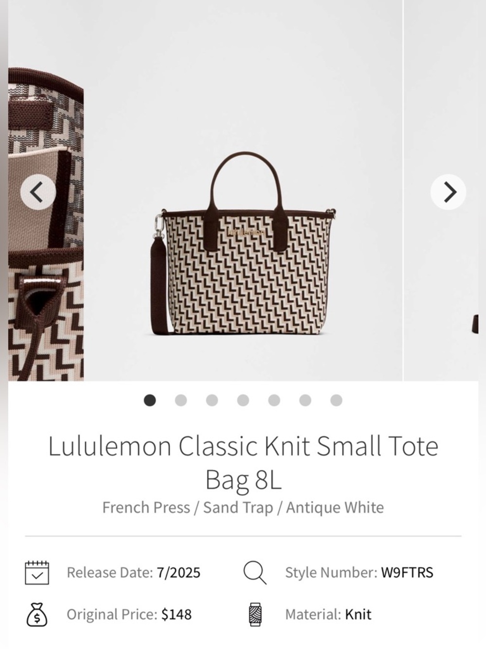 Lululemon Classic Knit Small tote. French Press /Sand Trap /Antique White. NWTs.